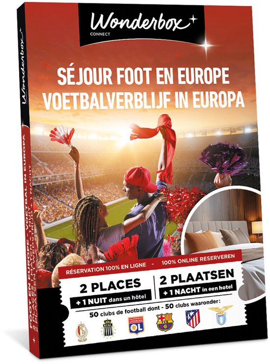 Wonderbox-coffret cadeau avec un couple qui crie dans un stade et une chambre d'hôtel.