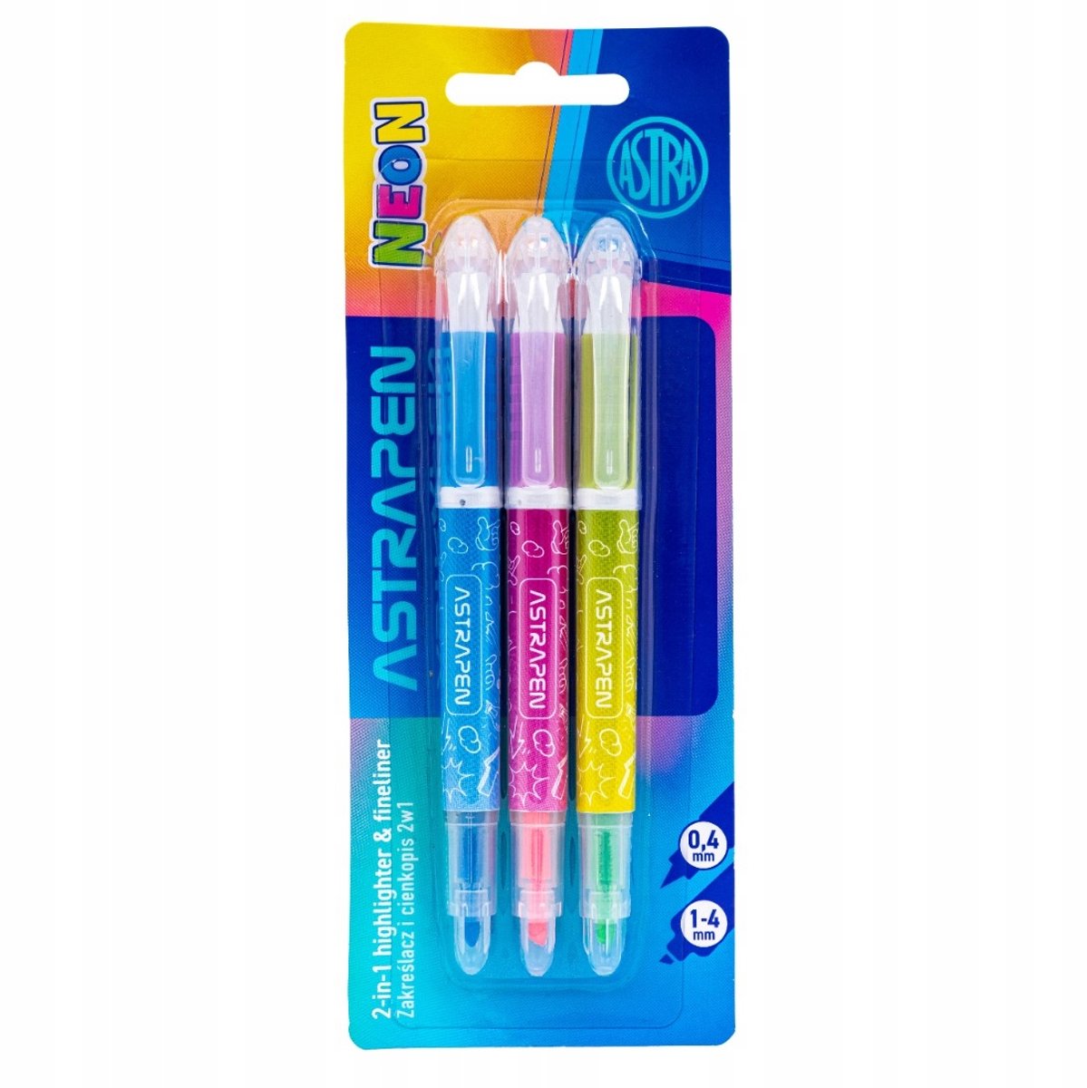 Astrapen 2-in-1 Neon Markeerstift & Fineliner, 3 Stuks