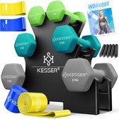 KESSER® Dumbells Set 3 Paren (2x 1, 2 & 3kg) = 12 kg totaal | 6x Dumbbells verstelbaar Geschikt voor Fitness Zumba & Aerobics | Halters Gewichten Set met Standaard | Halterset met oefeningenboekje, 2x fitnessbanden