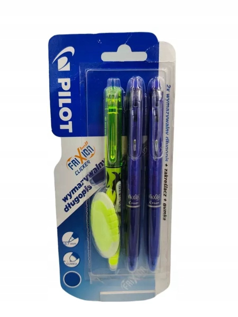 PILOT FriXion Set: 2 Blauwe Uitwisbare Pennen, Markeerstift & Gum