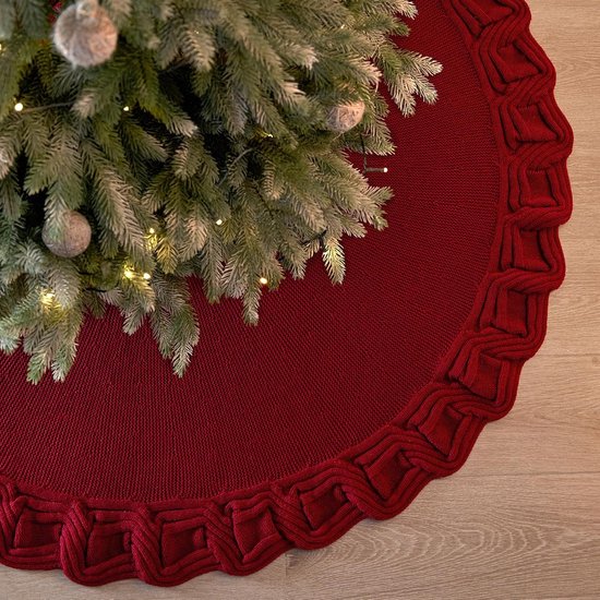 Kerstboomkleed 120cm Donkerrood – Grote Gebreide Kerstboomrok met Ruchesrand, Zachte Acryl Mat, Klassieke Rode Kerstversiering voor Onder de Boom, Herbruikbare Decoratie