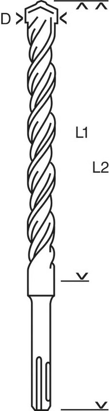 Lineaire tekening van een SDS plus boor met maatlijnen.