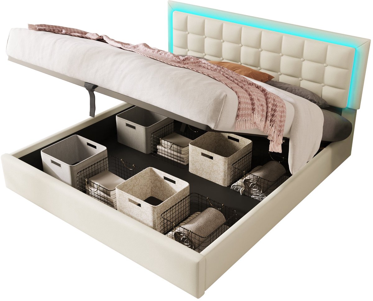 Merax Gestoffeerd Bed met Opbergruimte en LED Verlichting – 180x200 cm – Kunstleer – Wit – Inclusief Houten Lattenbodem – Dubbelbed