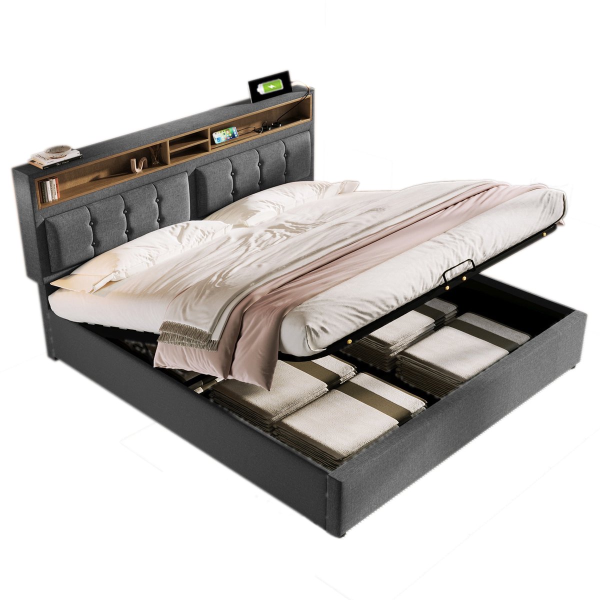 Merax Gestoffeerd Tweepersoonsbed met 7-Zone Koudschuim Matras - Luxe Bed met USB-C Oplaadfunctie en Opbergruimte - Grijs