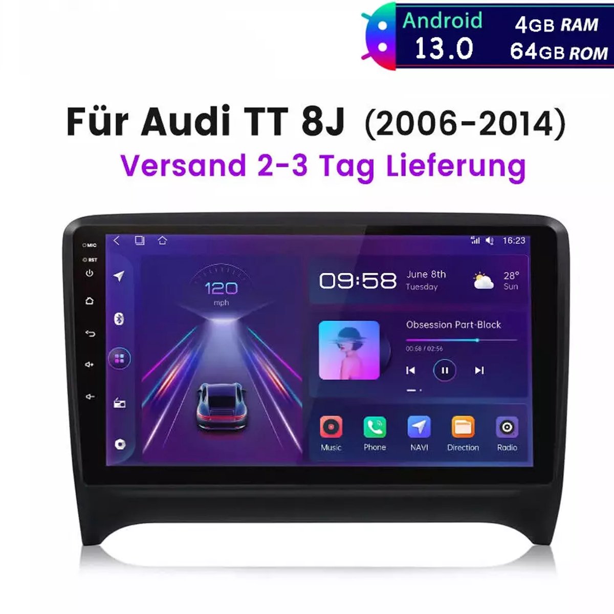Autoradio -9 inch Android 15 GPS-navigatie geschikt voor Carplay Android Auto WiFi Bluetooth FM/RDS autoradio 4GB+64GB SWC Mirror Link Split Screen compatibel met Audi TT MK2 2006-2014