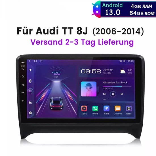 Autoradio -9 inch Android 15 GPS-navigatie geschikt voor Carplay Android Auto WiFi Bluetooth FM/RDS autoradio 4GB+64GB SWC Mirror Link Split Screen compatibel met Audi TT MK2 2006-2014