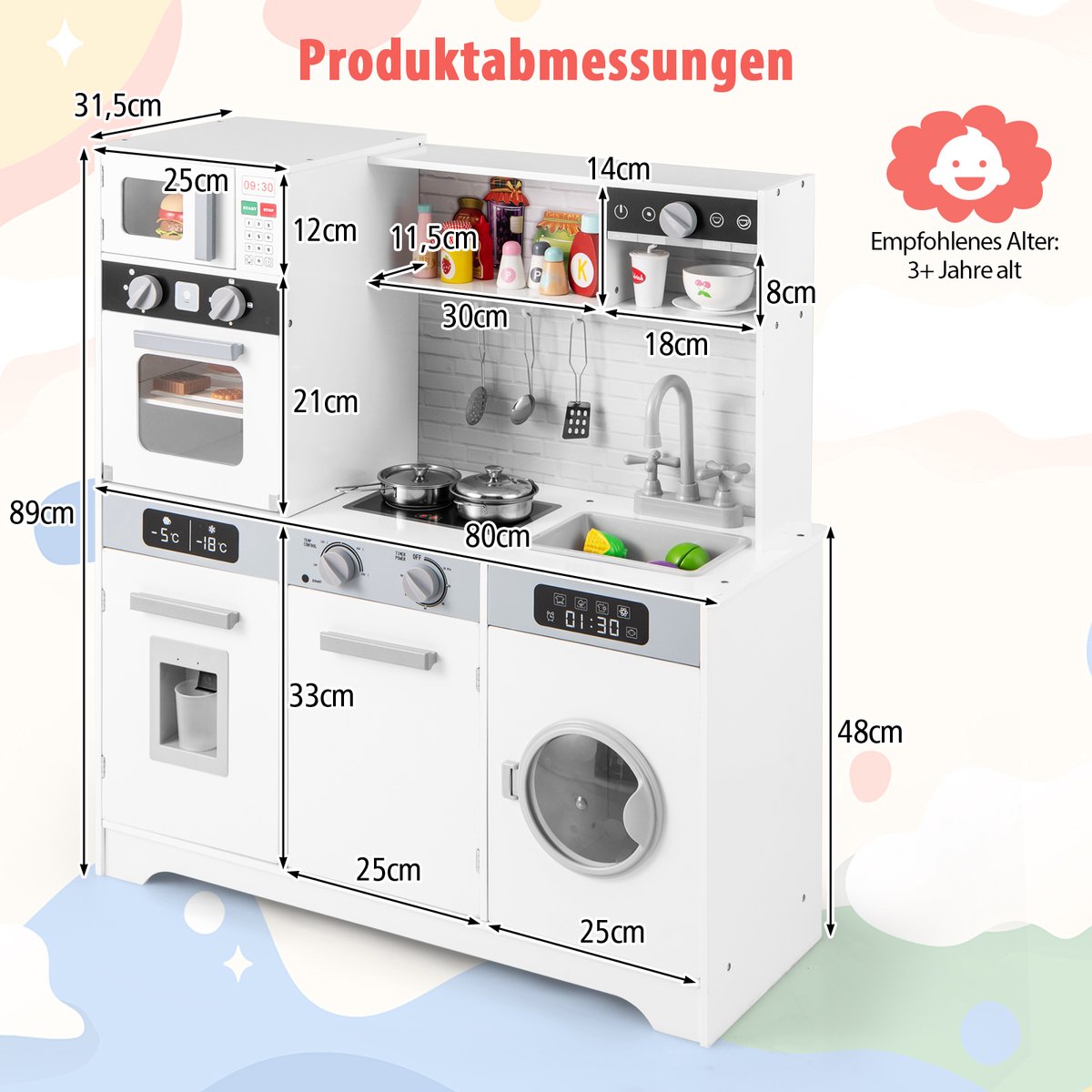 COSTWAY Houten kinderkeuken met wasmachine, gootsteen, waterdispenser, magnetron, oven, gebruiksvoorwerpen, speelkeuken met licht en geluid, voor kinderen vanaf 3 jaar — afbeelding 3