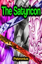 Boekomslag met de titel 'The Satyricon' en 'Petronius' op een achtergrond van abstracte, golvende patronen in paars, roze, blauw, grijs, goud en rood.