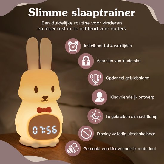 Lopoleis® Slaaptrainer - Slaapwekker Baby - Nachtlamp functie met Wekker - Kinderwekker - Tuxedo Rabbit - Inclusief App van Lopoleis — afbeelding 3
