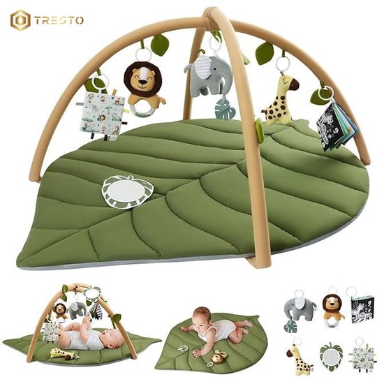 Babygym met blad-speelmat: baby's liggend, kruipend, zittend. Losse speeldieren: leeuw, olifant, giraf. Tresto logo.