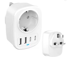 EU-naar-UK Reisadapter (Schuko→Type G) met 2×USB-C & 2×USB-A, 3,6A gedeeld, 10A AC, 100–240V – Ideaal voor Engeland, Hongkong, VAE, Singapore