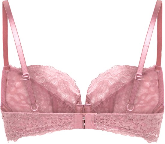Achterkant van een roze kanten beugelbeha met haaksluiting.