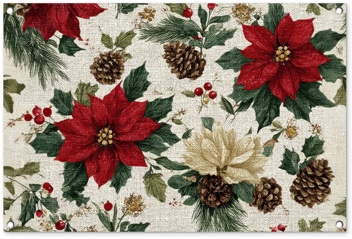 Tuinposter 90x60 cm met kleurrijk textielpatroon en kerstbloemen voor buiten.