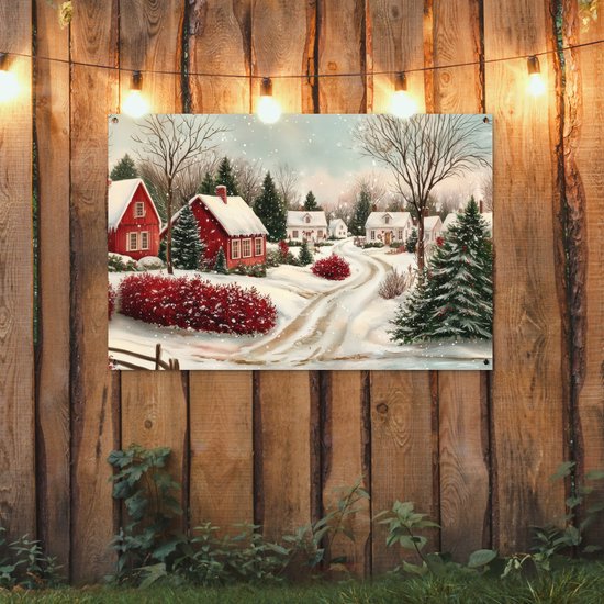 Tuinposter 120x80 cm - Tuindecoratie Kerstsfeer - Landelijk - Rood - Poster voor in de tuin - Buiten decoratie - Schutting tuinschilderij - Tuindoek muurdecoratie - Wanddecoratie balkondoek