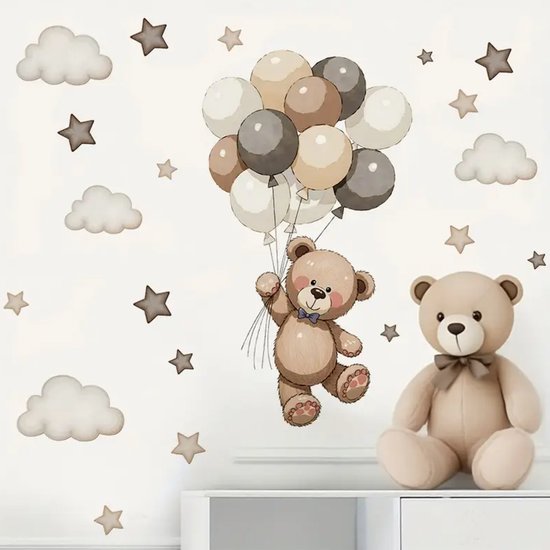 Muursticker 'Teddy aan tros Ballonnen' - Beertje - Teddybeer - Zelfklevend PVC - Babykamer - Kinderkamer - Muur Decoratie - 71x65cm
