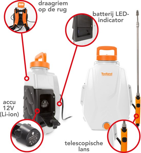 Toolland Set met elektrische drukspuit en extra batterij, rugspuit met oplaadbare accu 12L, tuinspuit voor plantenbescherming, onkruidbestrijding en desinfectie, verstelbare sproeikop, telescopische lans, USB-oplader, gewatteerde schouderriemen, van Toolland — afbeelding 4