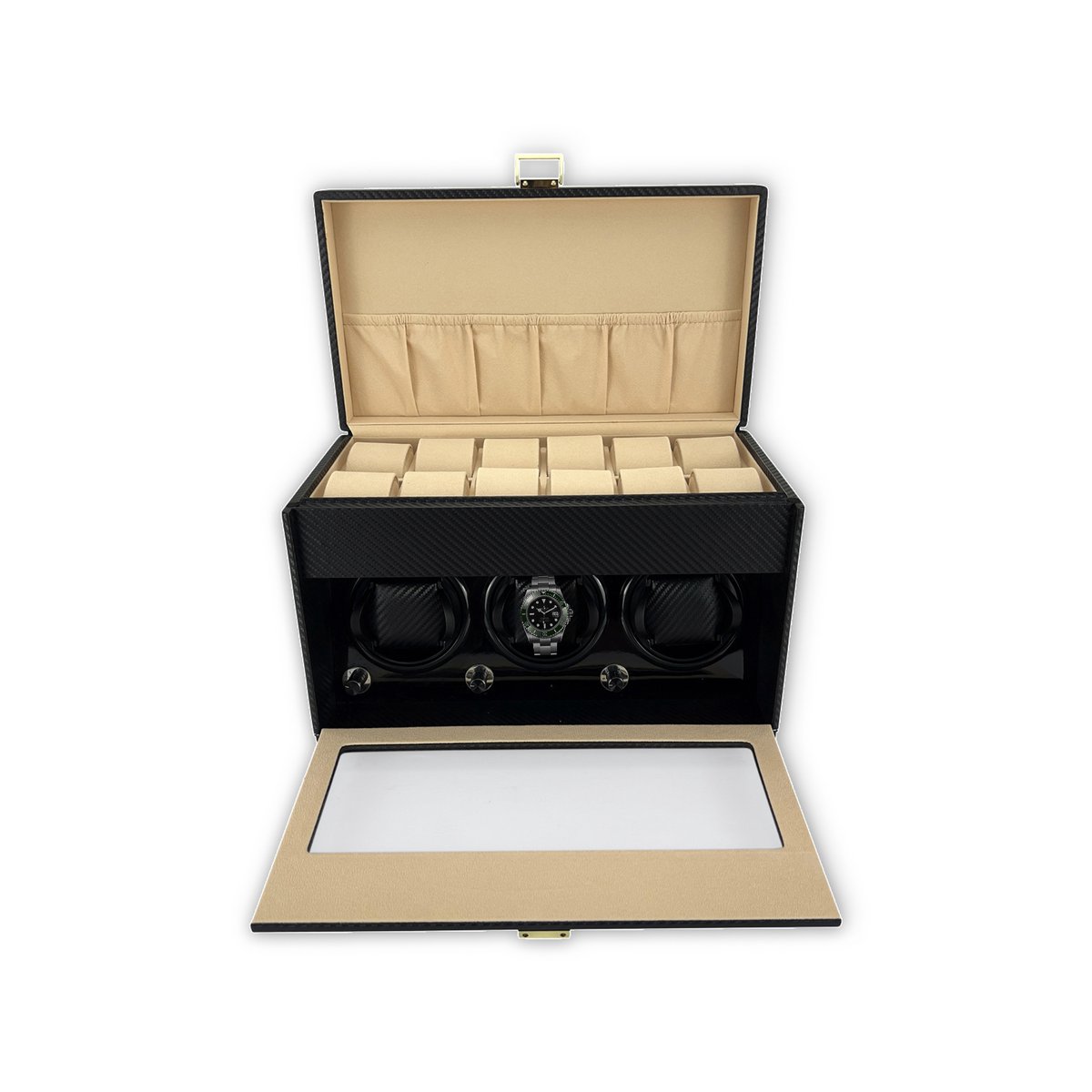 Leader Luxe Watchwinder voor 3(+12) horloges - Horloge opwinder - horloge box - Carbon