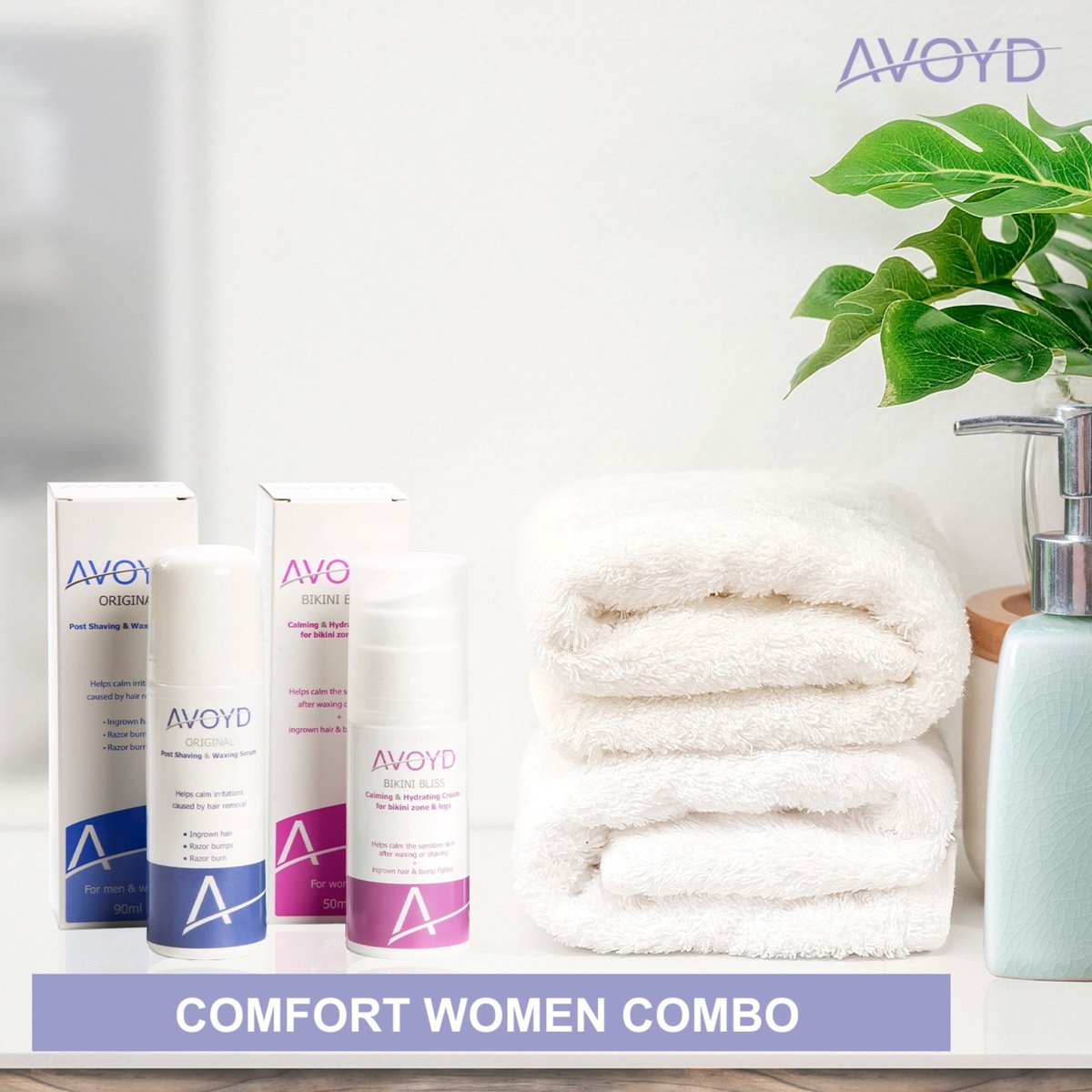 Avoyd Comfortpakket vrouw - Set van 2 producten - Avoyd Original 90ml + Avoyd Bikini Bliss 50ml - voor een gezonde gladde huid zonder ingegroeide haartjes, scheerirritatie & rode scheerbultjes