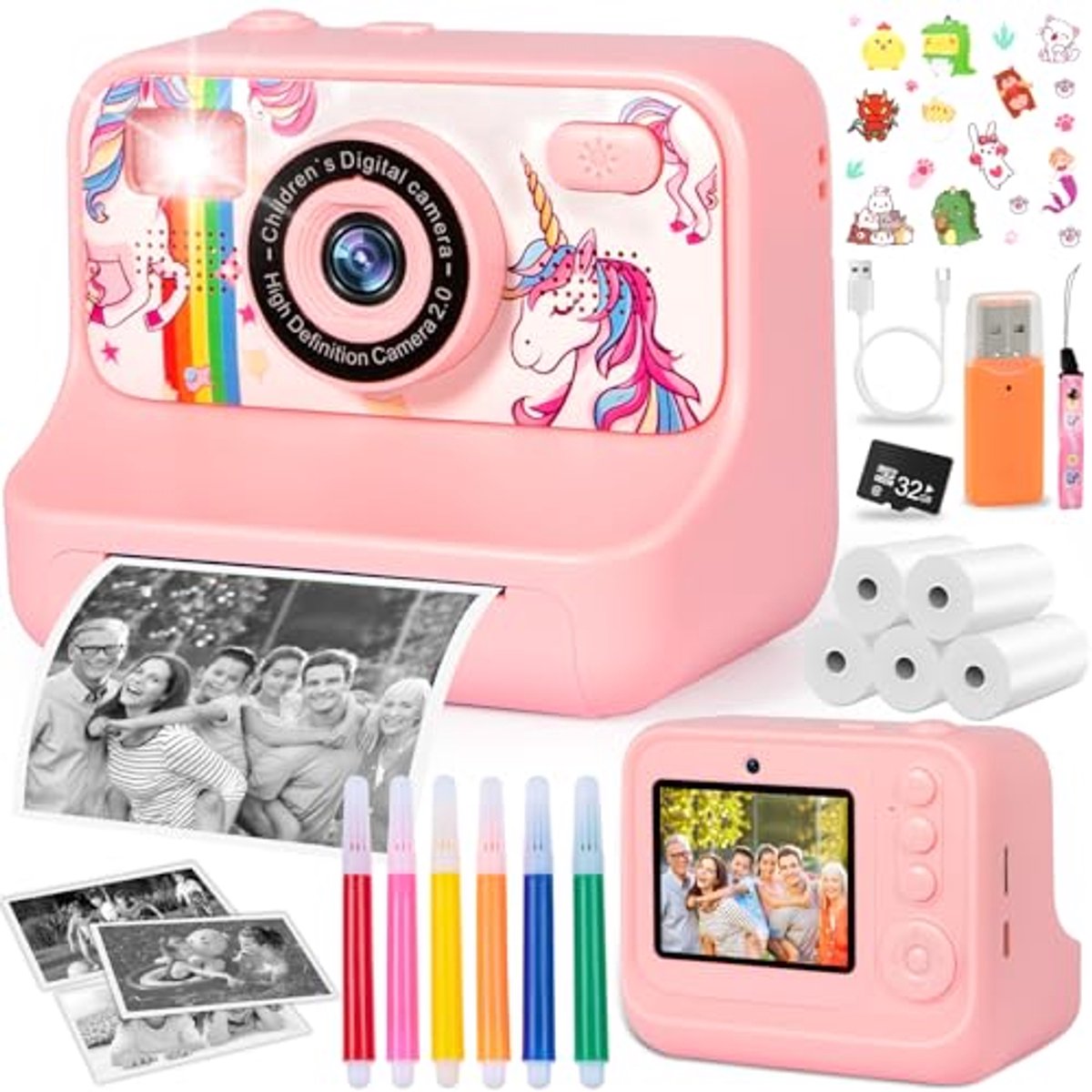 Digitale Instant Camera voor Kinderen - 1080P HD Fotocamera met 2,4 inch Scherm, 32GB Geheugenkaart en Printpapier