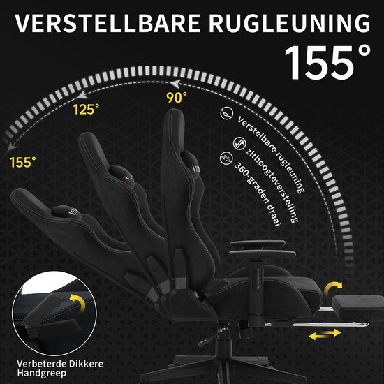 Zwarte gamerstoel met verstelbare rugleuning tot 155 graden en 360-graden draai.