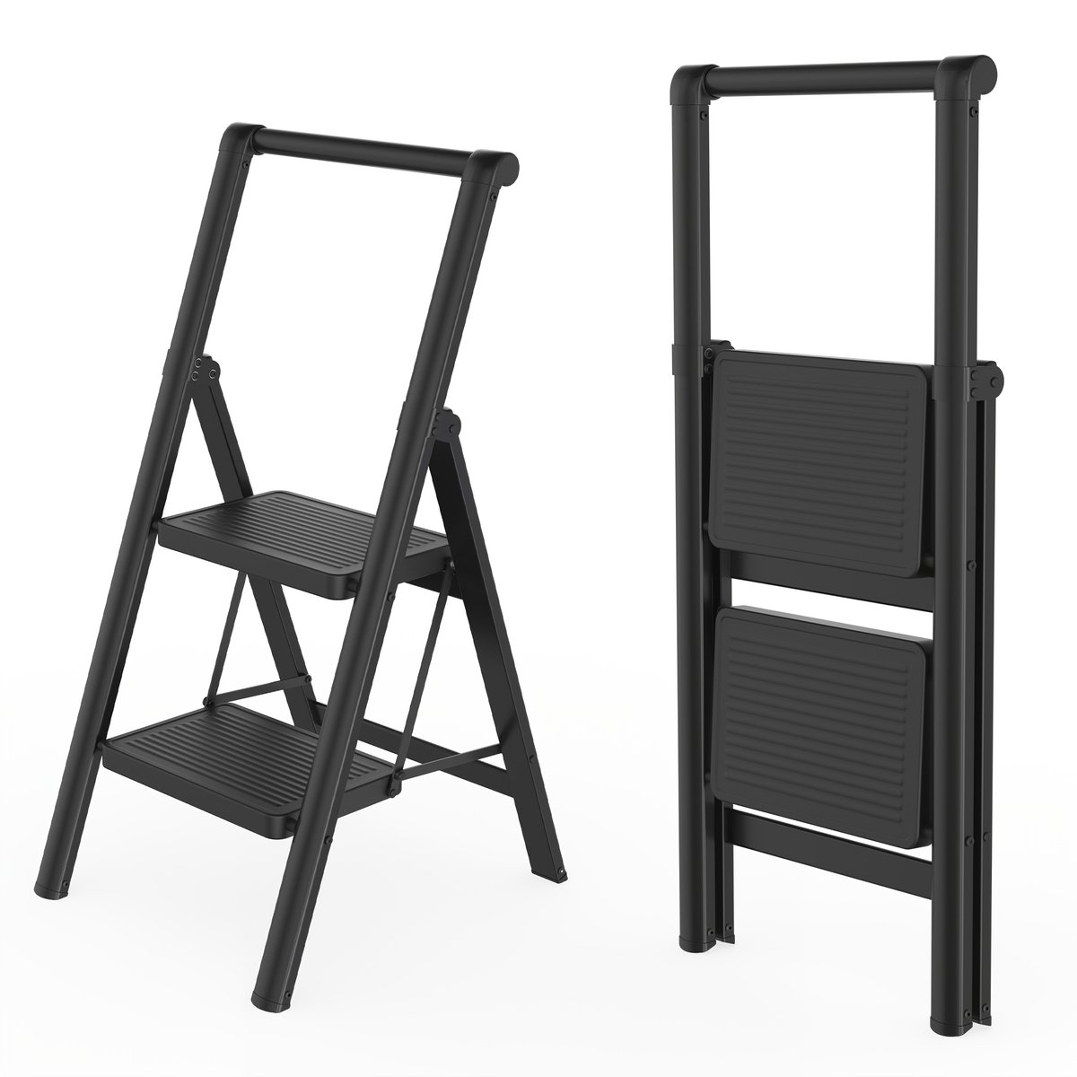 Opstap trapje-Ladder-Opvouwbare Trap-Huishoudelijke Trap met Brede Antislip Treden- Multifunctionele Opstapkruk- Makkelijk Op te Berg-2 Trappen+Leuning-Zwart