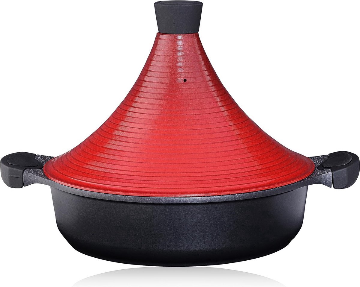 Hakal Agadir Tajine 28cm Rood/Zwart - Geschikt voor Alle Hittebronnen (Incl. Inductie) - Anti-Aanbaklaag - Voor 4-8 Personen