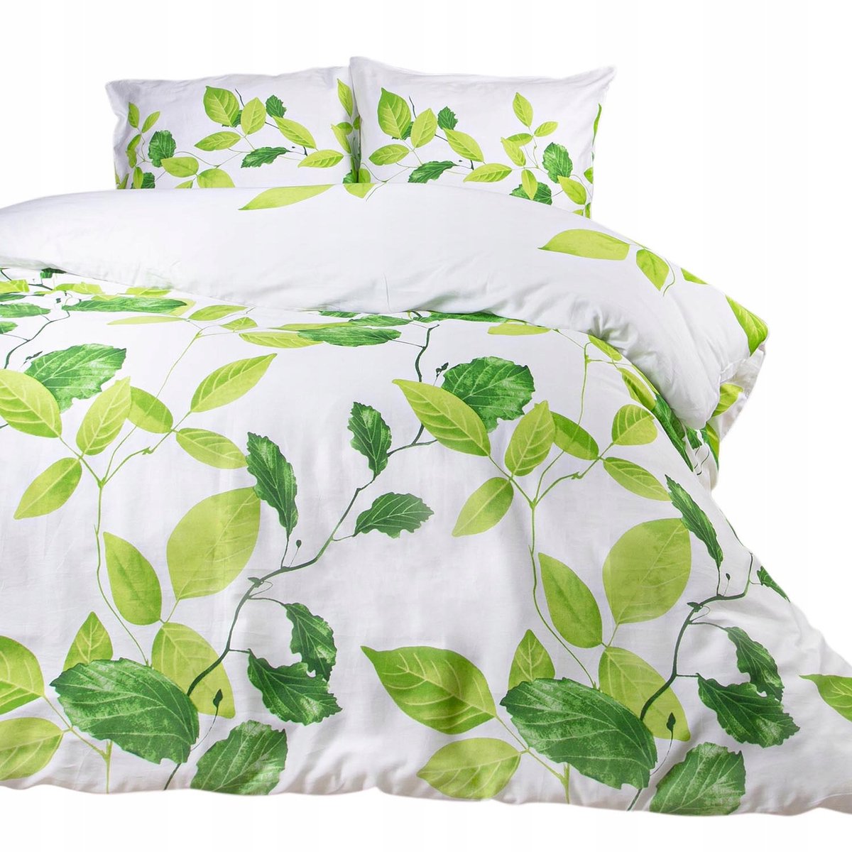 Satijnen Dekbedovertrek Set 180x200cm - Groen/Wit Bladmotief