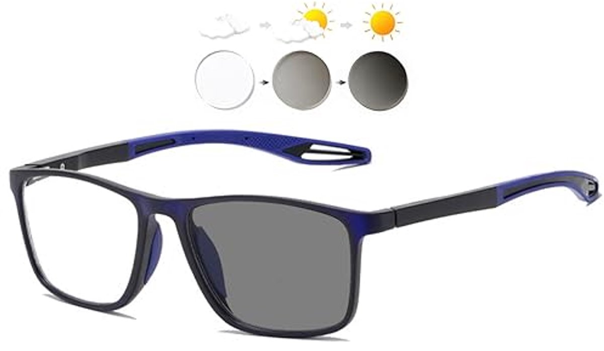 Zelfkleurende leesbril met blauwlichtfilter en UV-bescherming voor heren en dames, rechthoekig TR90-montuur