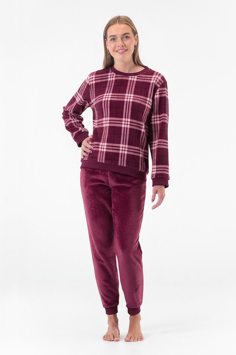 Dames Fleece Huispak en Pyjama - Ronde Hals - Tartan Style - Superzacht Fleece - Fuchsia - 2501 - Maat XXL