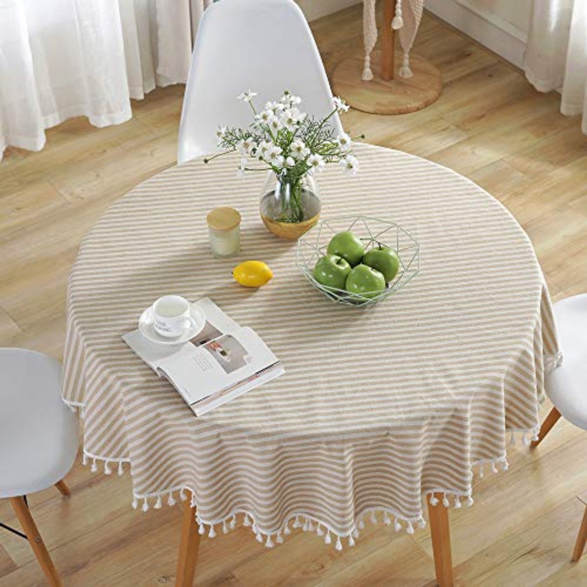 Rond Tafelkleed van Katoen-Linnen, Afwasbaar, Boho-Stijl, Beige, 150 cm