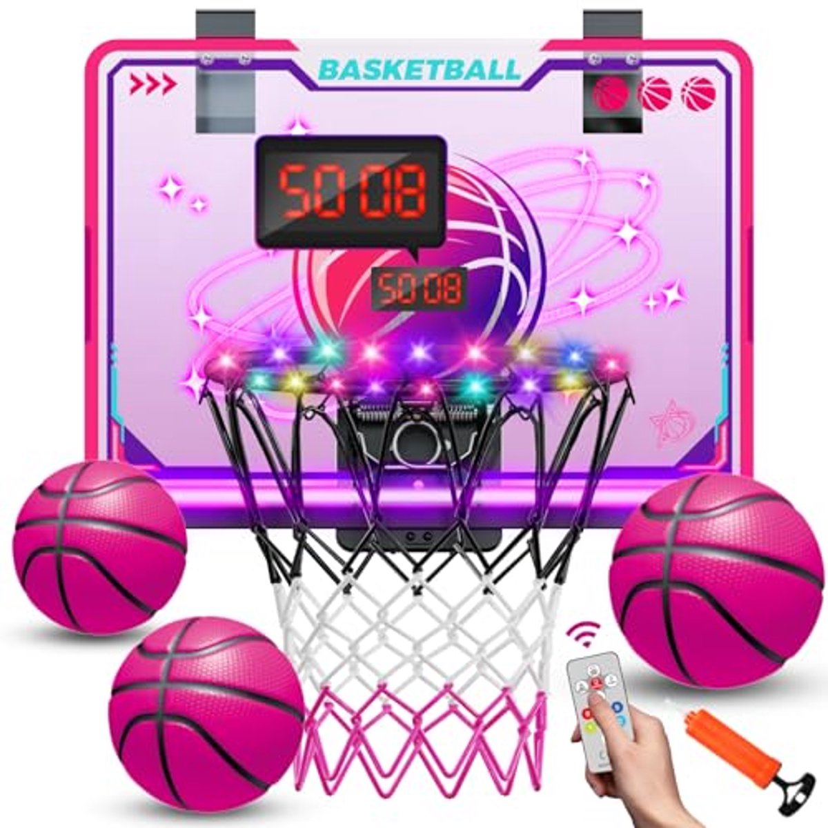 Roze basketbalring met elektronisch scorebord en afstandsbediening voor kinderen, 7 kleuren lichten, indoor basketbalset voor 5-12 jaar