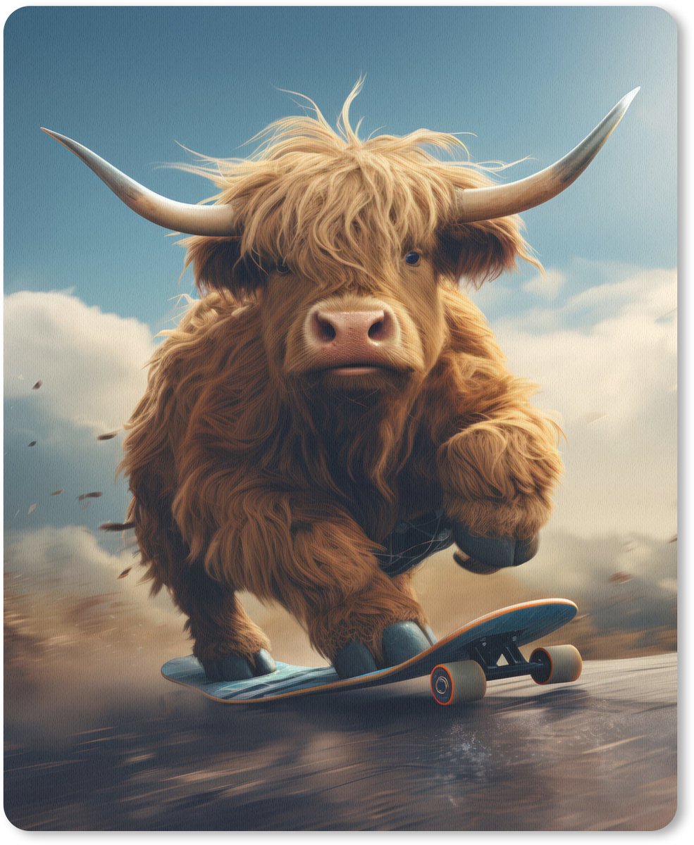 Muismat 19x23 cm - Mousepad Schotse hooglander - Hoorns - Skateboard - Muismatten