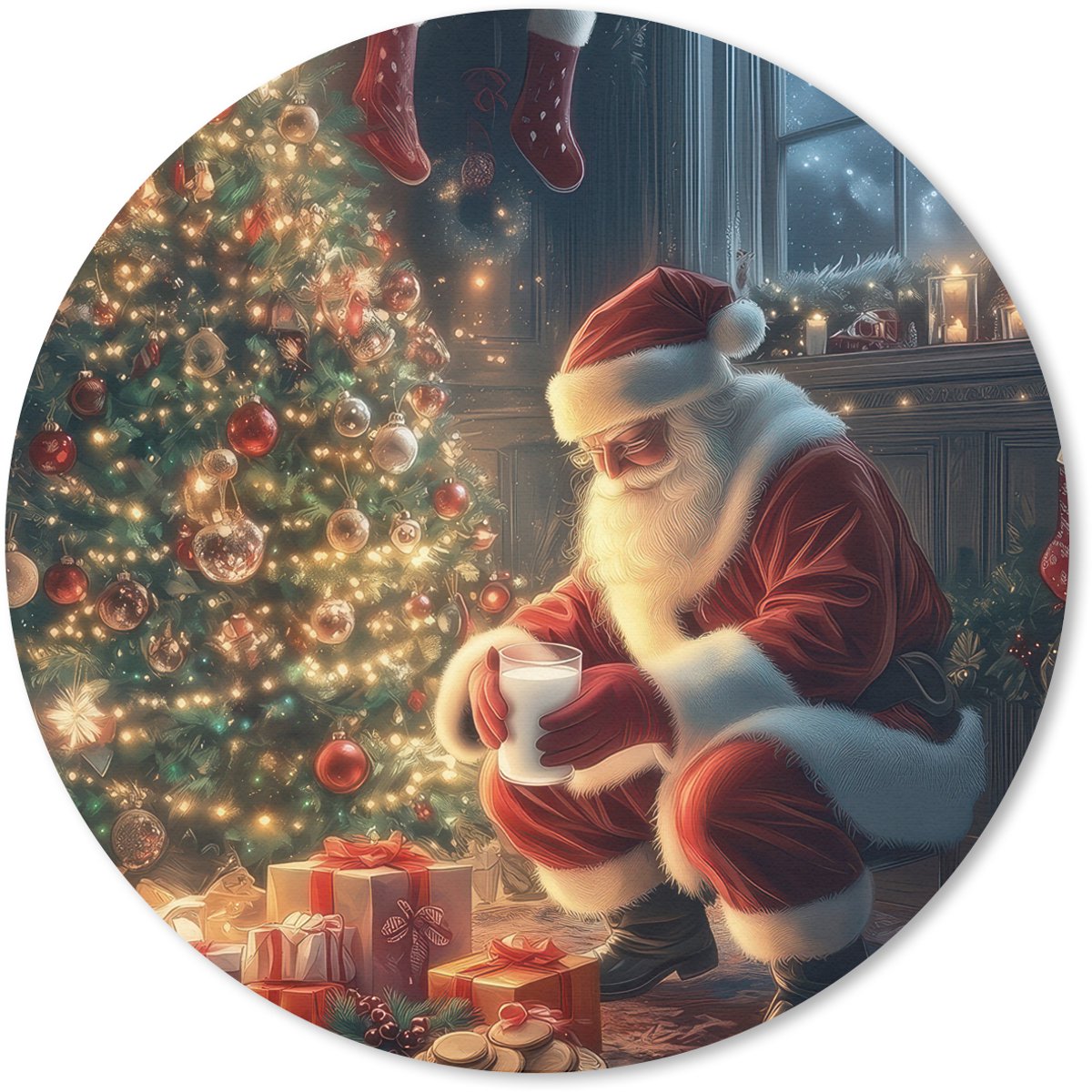 Muismat rond 20x20 cm - Mousepad Kerstman - Haard - Donker - Ronde muismatten