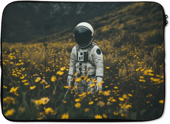 Laptophoes 13 inch - Astronaut - Bloemen - Veld - Geel - Laptop sleeve - Binnenmaat 32x22,5 cm - Zwarte achterkant
