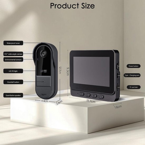 Provento - Draadloze deurbel met camera en 1080P resolutie, waterdicht IP67, 4,3 inch scherm, nachtzicht, 170° kijkhoek. — afbeelding 3