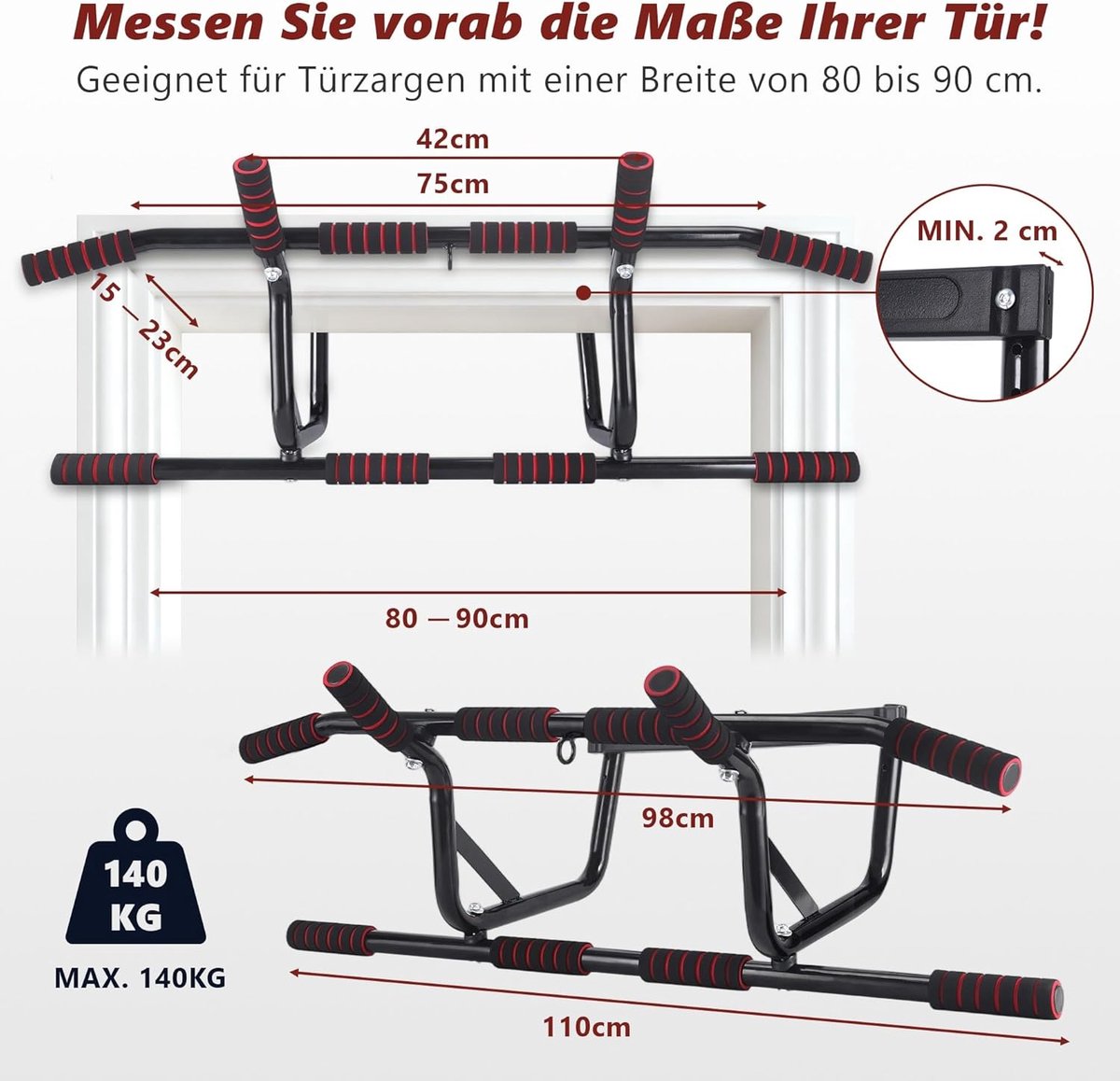 NETTLIFE Pull Up Bar - Pull-upstang voor deurkozijn - 140kg Draagkracht - met gewatteerde antisliphandgrepen - Optrekstang Wandmontage - Trainingsapparaat voor deurkozijn 80-90 cm - Pull Up Station voor Thuis Sporten - Thuis Fitness - zwart thumbnail 4