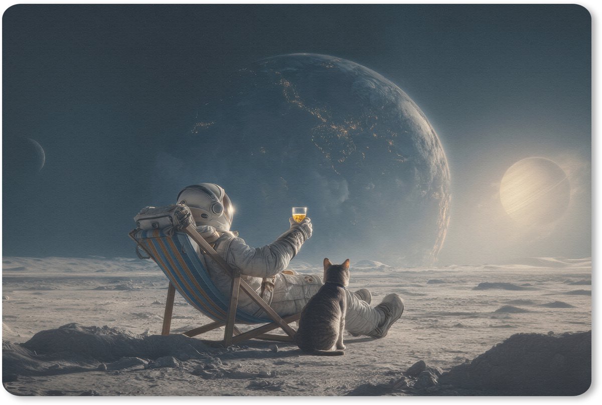 Muismat 27x18 cm - Mousepad Maan - Kat - Astronaut - Ruimte - Muismatten