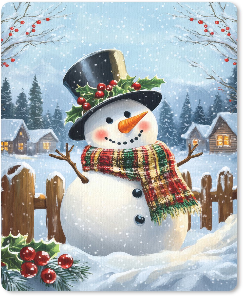 Muismat 19x23 cm - Mousepad Sneeuwpop - Winterdorp - Kleurrijk - Muismatten