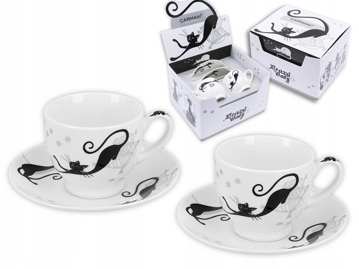 2x Espresso Kopjes met Schotels - Crazy Cats - 100ml Porselein