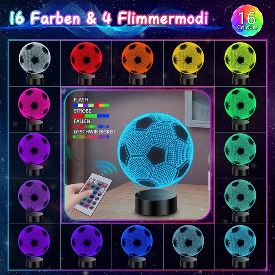 Voorbeelden van een 3D-voetballamp in 16 verschillende kleuren en 4 flitsmodi, met afstandsbediening.