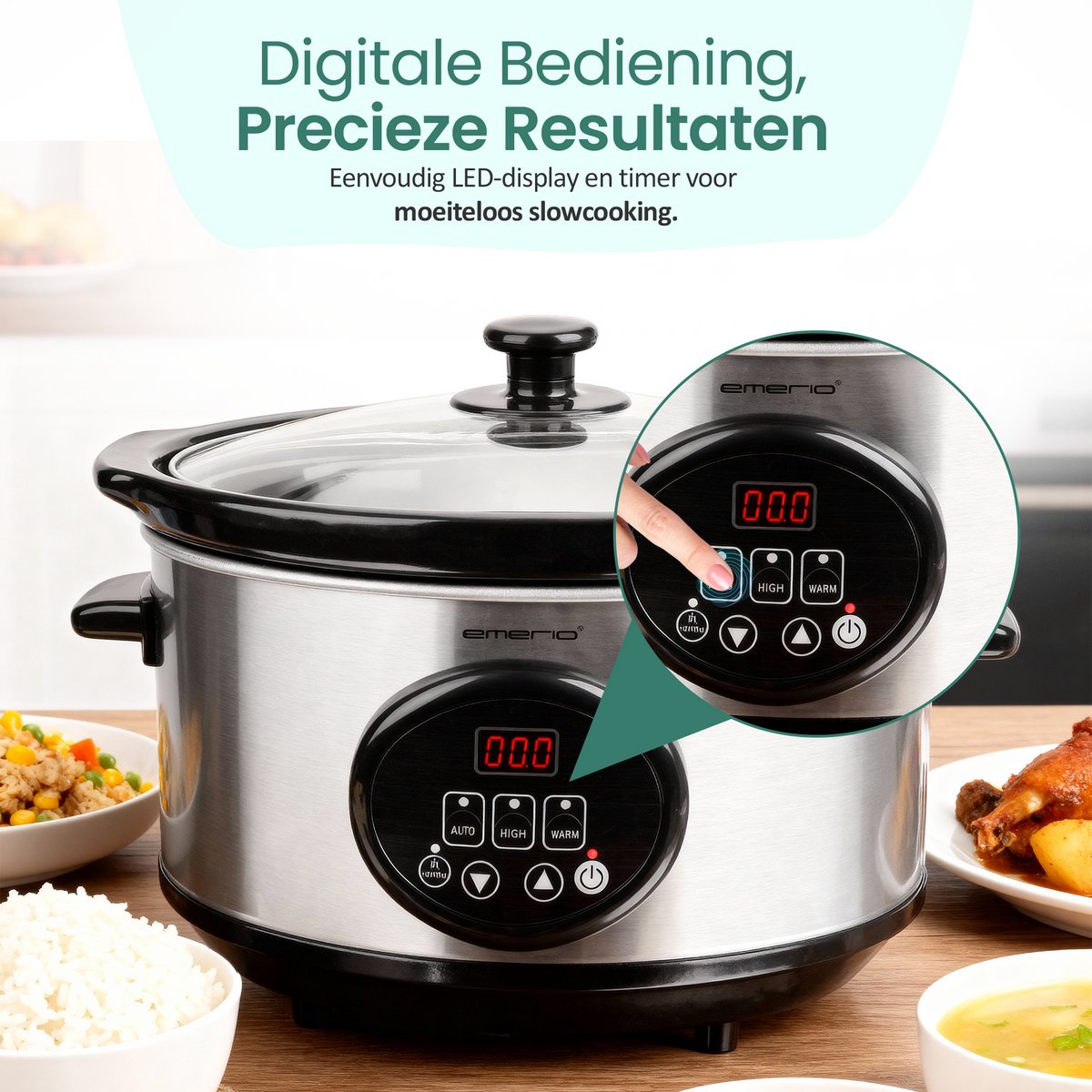 Emerio Slowcooker 240W - 3.5L - Warmhoudfunctie - Digitaal Display - 3 Warmte Instellingen - Uitneembare Keramische Binnenpan - Transparante Glazen Deksel - Cool Touch - SC-129406 – foto 5