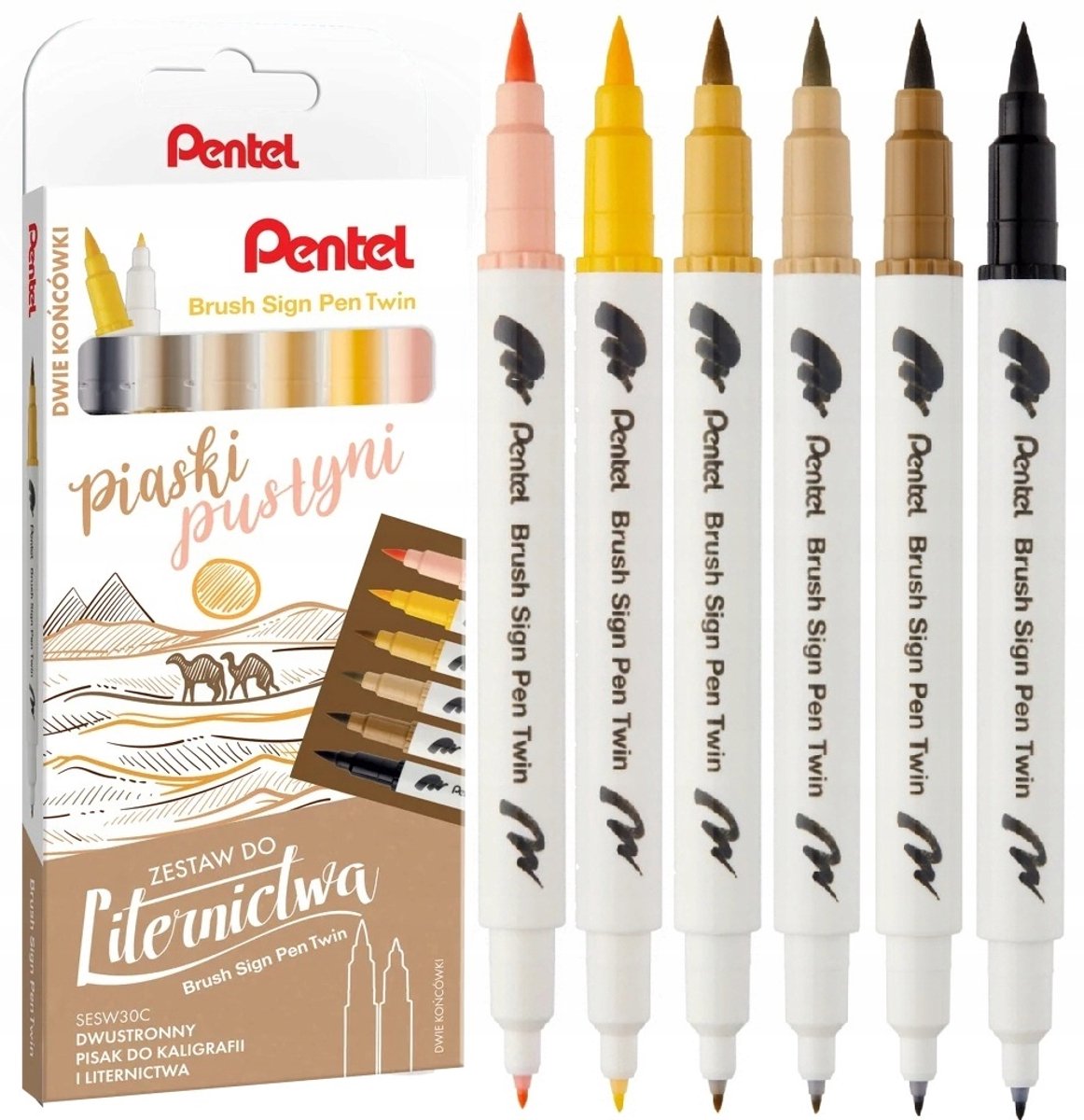 Pentel Brush Pen Markers - 6 Kleuren Set voor Kalligrafie