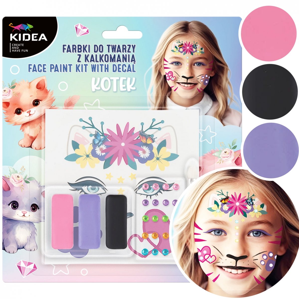 KIDEA Schminkset Katten met Diamanten en Tattoos - 3 Kleuren