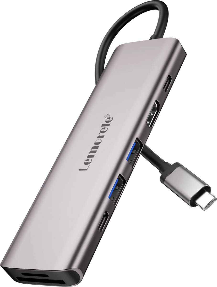 Lemorele TC45 – 7-in-1 USB-C Hub – HDMI 4K@60Hz – SD/TF Kaartlezer – 100W PD Opladen – USB 3.0 & Type-C Data – Docking Station voor Laptop & MacBook (Grijs)