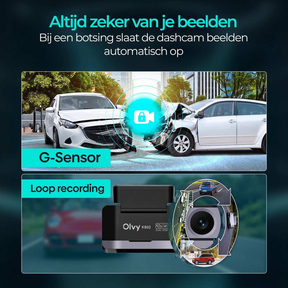 Olvy Dual Dashcam - Voor Auto - Camera Voor en Achter - 4K - Full HD - Nachtzicht - Met 64GB SD - Wifi thumbnail 2