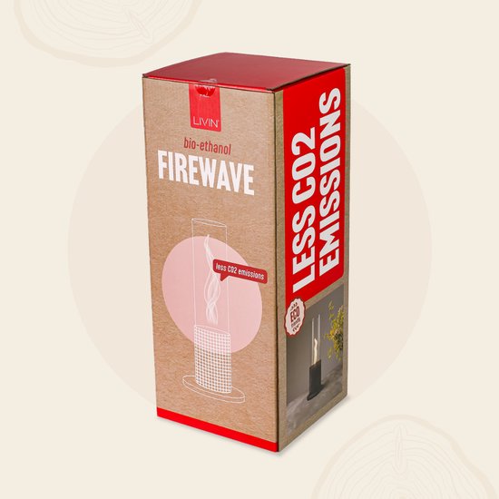 Verpakking van de Livin bio-ethanol Firewave met tekst 'LESS CO2 EMISSIONS'.