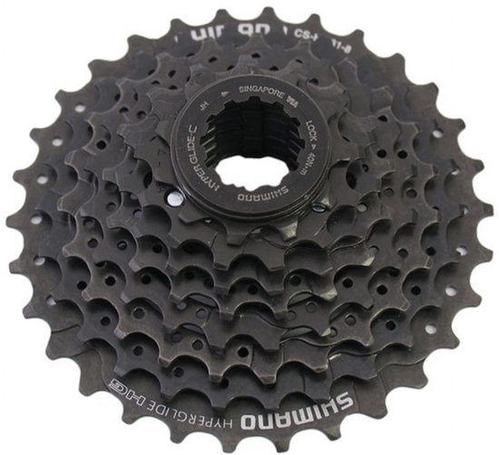 Zwarte Shimano Hyperglide cassette met 8 versnellingen.