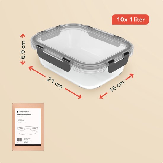 Glazen meal prep bakje van 1 liter, 21x16x6.9 cm, met transparante deksel en zwarte sluitingen.