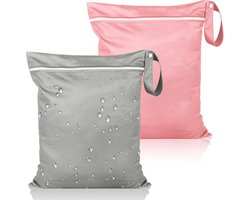 Verpakking met 2 natte zakken, waterdichte waszak, herbruikbare natte reiszak 36 x 30 cm, natte zwemkledingzak met rits, voor luiers, badpakken, strandlakens, vuile was (grijs + roze)