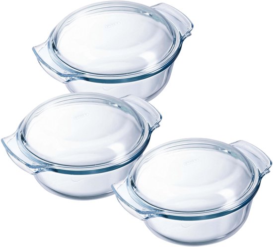 3x Plats à four ronds en verre avec couvercle 2,1 litres 22 x 13 x 5 cm - Plat à four / Lèchefrite - Plat à four - Plat à four
